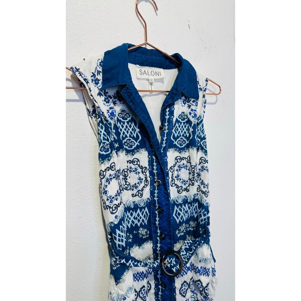 SALONI Blue White Abstract Design Nya Collared Sleeveless Button Up Dress US 2 - Picture 4 of 15